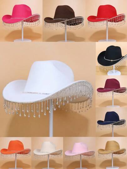 1pc Fashionable Rhinestone & Tassel Decor Western Cowboy Hat With Limestone Sun Protection, Suitable For Bachelorette Party, Bridal Shower, Carnival, And Music Festival Halloween