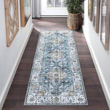 Boho Chic Washable Area Rug Washable Rug Vintage Soft Floral Distressed Print Carpet Non-Slip Non-Shedding Low-Pile Throw Thin Bedroom Rugs For Living Room Dining Room - 藍色 - 查看 3