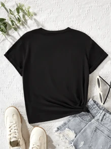 青少年女孩棒球印花圆领短袖 T 恤，夏季 - 黑色 - 查看 3