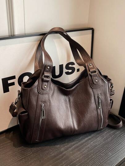 Retro Large-Capacity Waterproof Business Casual Soft PU Tote Bag, Multi-Pocket Design Shoulder Bag With Zipper Compartment, Multifunctional Travel Crossbody Bag, Suitable For Women, White-Collar Workers And Rookies, Perfect For Work, Business Commuting, Shopping, Outdoor Travel And School, Retro Inspired Bag For Women, New Arrival Tote Bags For Woman