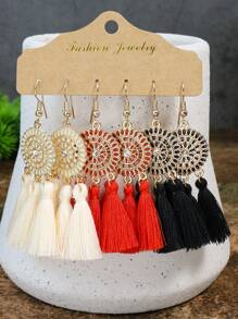 TopHanqi Bohemian Style Vacation Wind Fabric Plain Tassel Multiple Sets Combination Suit In Yellow, Beige, Blue, Green, Pink, Sapphire, Purple, White, Red, Black, Oil-Painting, And Gold; Including Alloy Pendant And Earrings In Flower Shape, Suitable For Women's Daily Life, Work, Travel, Street Snap; Perfect For Easter Party And Four Seasons Wear. Minimalist, Stylish, Personalized, And Lively, Multitude Of Styles Are Available.