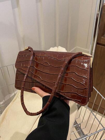 Fashionable Versatile Solid Color Crocodile Pattern Women's Shoulder Bag