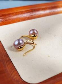 1 Pair 7-8mm Purple Cultured Pearl S925 Sterling Silver Hook Earrings, Suitable For Women's Daily Wear Or Party Wear - Gold - View 4