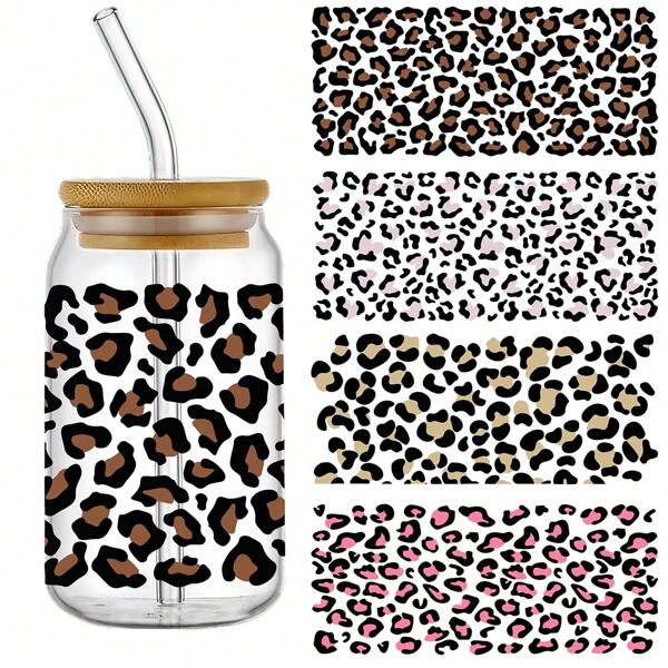 4 piezas Envoltura de taza con diseño estampado de leopardo de guepardo con patrón fresco, resistente al agua y de alta calidad, pegatinas de transferencia de cristal DIY resistentes a los arañazos para botellas y frascos de vidrio de 16 onzas (11x24cm) 4.3inx9.4in