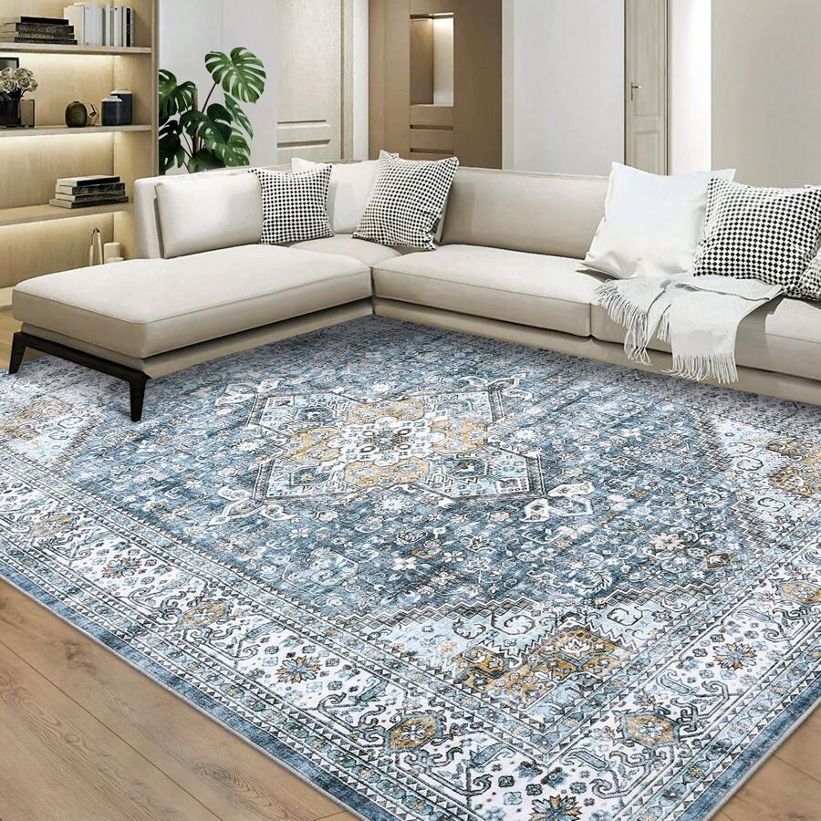 Boho Chic Washable Area Rug Washable Rug Vintage Soft Floral Distressed Print Carpet Non-Slip Non-Shedding Low-Pile Throw Thin Bedroom Rugs For Living Room Dining Room - 藍色 - 查看 1