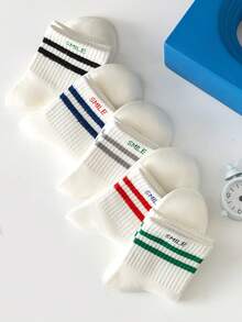 5 Pairs Kids' Sports High Elastic Waist Jacquard Striped All Season Mid-Calf Socks - Multicolor - View 5