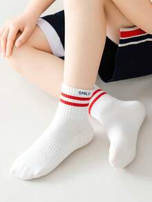 5 Pairs Kids' Sports High Elastic Waist Jacquard Striped All Season Mid-Calf Socks - Multicolor - View 4