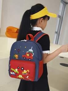 1pc Kids' Cartoon Car Printed Nylon Zipper Closure Cute Backpack, Suitable For Outdoor, Kindergarten Daily Use (Pattern Random) - Red - View 5