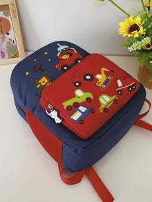 1pc Kids' Cartoon Car Printed Nylon Zipper Closure Cute Backpack, Suitable For Outdoor, Kindergarten Daily Use (Pattern Random) - Red - View 2