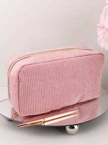 1pc Corduroy Pencil Case: Simple, Fashionable, Spacious, Suitable For Middle School Students, School Stationery Back To School,Back To School,School Supplies,Pencil Pouch,School Bag - Pink - View 4