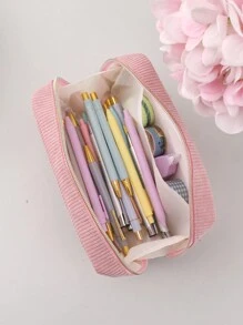 1pc Corduroy Pencil Case: Simple, Fashionable, Spacious, Suitable For Middle School Students, School Stationery Back To School,Back To School,School Supplies,Pencil Pouch,School Bag - Pink - View 5
