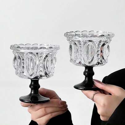1 件复古黑宫廷风格浮雕玻璃高脚杯，简约透明优雅设计，冰淇淋玻璃杯，甜点杯，适合客厅、咖啡厅、聚会