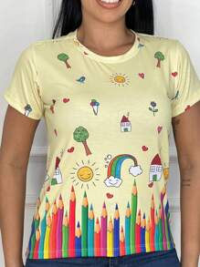 Tshirts Blusa Feminina Estampada Educação - Amarelo - Visão 6