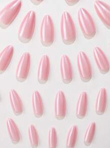 30 piezas de uñas postizas en forma de almendra de color rosa pálido con efecto metálico, de estilo minimalista y delicado, con 1 lima de uñas y 1 juego de uñas de gel de gel