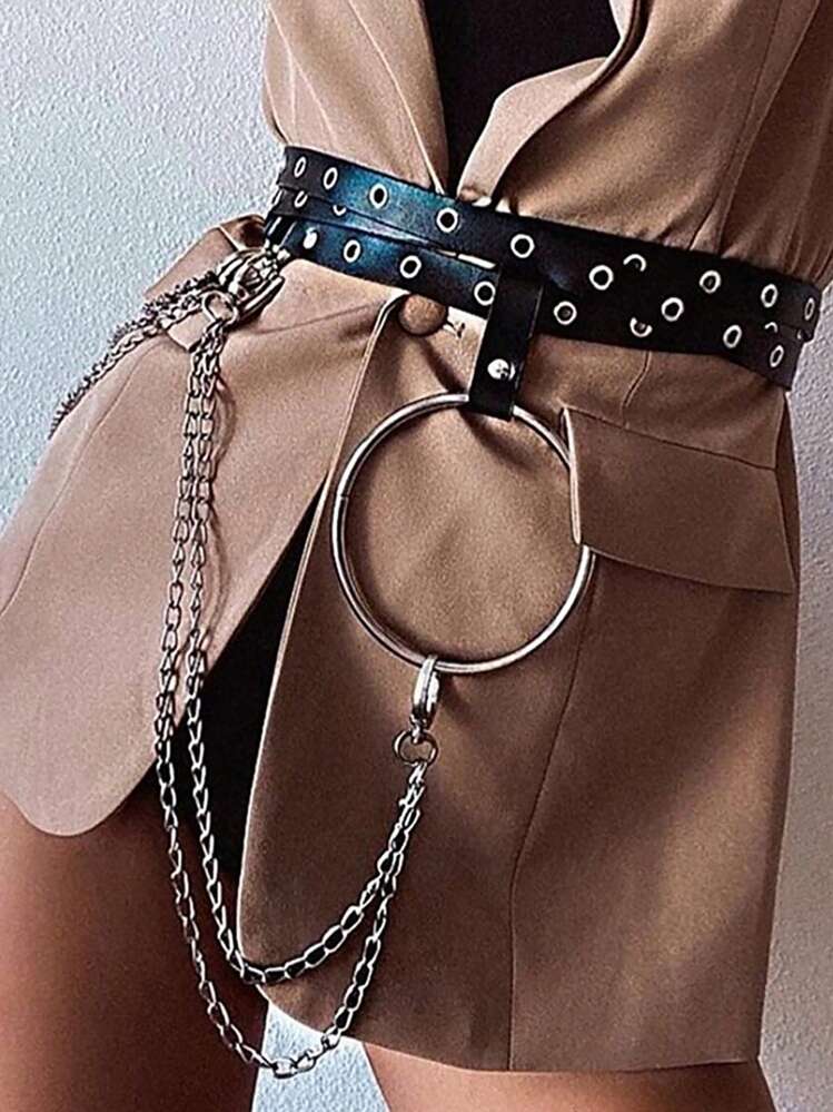 Arnês De Couro Pu Gótico Feminino O-ring Cinta De Cintura De Metal Corrente De Bondage Sexy Cintas Liga Suspensórios Ajustáveis - Preto - Visão 1