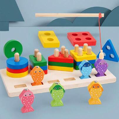 釣魚木製遊戲和木製積木玩具,色彩識別搭建,教育玩具,適合兒童