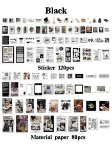 1 gói 200 miếng vật liệu, bao gồm 120 miếng dán và 80 tờ giấy trang trí cho sổ lưu niệm nghệ thuật và cổ điển, hành lý du lịch, ốp điện thoại trang trí khi trở lại trường - màu đen - Xem 2