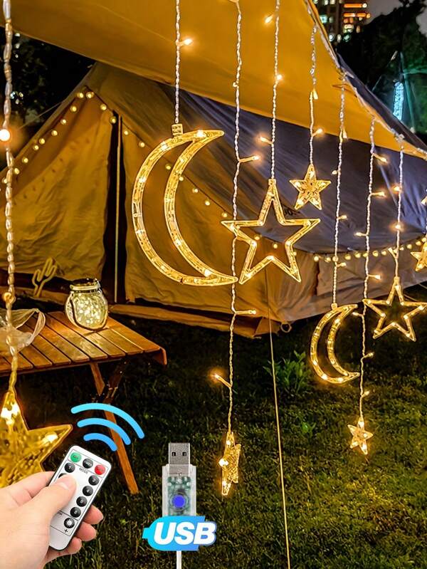 1pc 137inch  Decoration LED Star Moon Curtain Light, USB Remote Control 8 Functions For Indoor, Wedding, Party, Bedroom, Patio Lawn, Waterproof Fairy Tale Light, USB Family Wedding Festival Birthday Party Decoration, Indoor And Outdoor Romantic Decoration, For Window Garden Party Courtyard Court