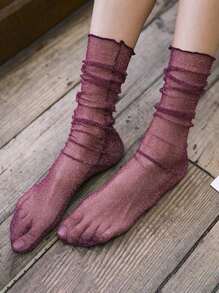 1 Pair Women's Silver & Gold Thread Frill Trim Mid-Calf Socks, Thin Mesh Sheer Stockings, Shiny Glitter Net Yarn Socks, Spring/Summer - Burgundy - View 7