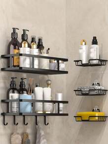 1入組帶鉤子的鐵製收納架,多功能黑色無需穿孔壁掛角落收納架,適用於浴室 - 黑色 - 查看 1