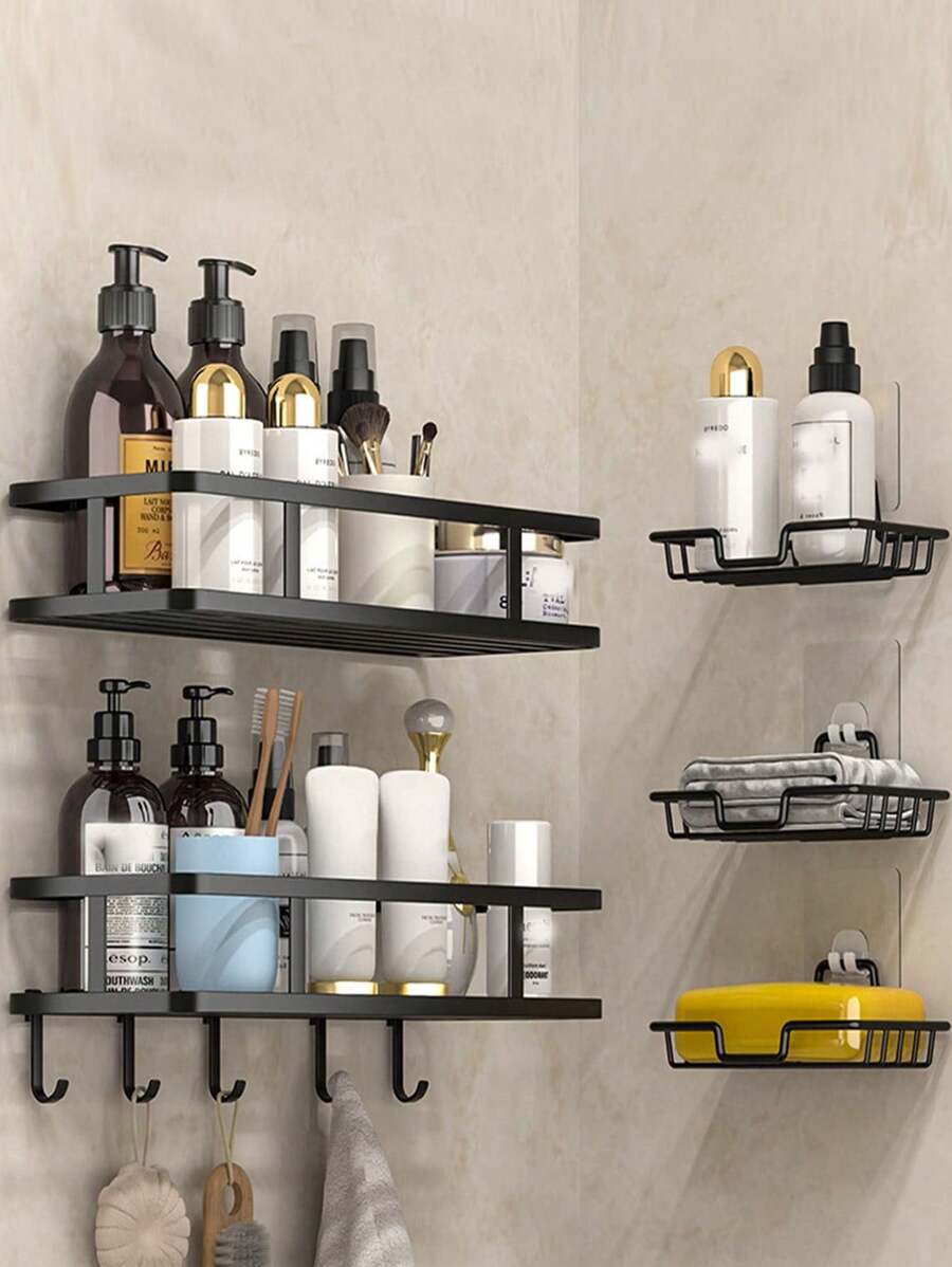 1入組帶鉤子的鐵製收納架,多功能黑色無需穿孔壁掛角落收納架,適用於浴室 - 黑色 - 查看 1