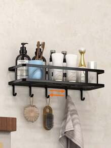 1入組帶鉤子的鐵製收納架,多功能黑色無需穿孔壁掛角落收納架,適用於浴室 - 黑色 - 查看 5