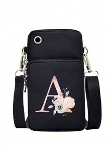 女士手机包，字母图案印花时尚迷你斜挎包，运动臂包和跑步腕包，迷你休闲斜挎手机包，带耳机孔和方便的配件，适合户外活动手机轻便时尚白领上班族大学工作商务通勤办公室周年纪念情侣生日礼物 - 黑色 - 查看 10