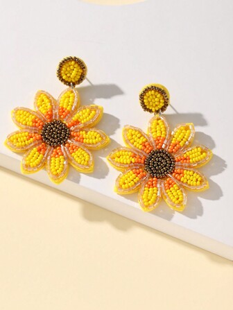 1 Par De Pendientes Hechos A Mano Con Cuentas De Semillas De Girasol Para Una Declaración De Moda