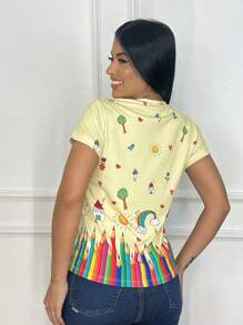 Tshirts Blusa Feminina Estampada Educação - Amarelo - Visão 5