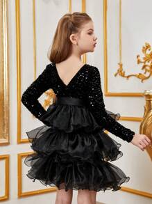 Tween Girl Long Sleeve Sequin Upper Layer Patchwork Cake Party Dress With Ruffled Hem - Black - View 2