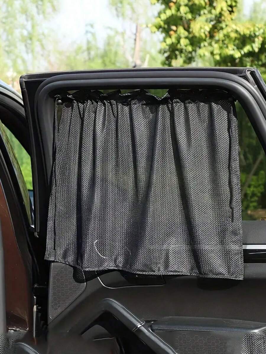 1pc Hookless Damask Car Sunshade: Stylish Polyester Curtains For Cool, , Car Side Window Curtains Protected Interiors & Easy Summer Relief! - Black - View 1