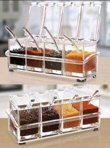 Especiero Hierbas 4 en 1 Organizador Cocina, Especiero acrílico 4 piezas con cuchar, Caja de condimentos transparente, 4 piezas de contenedores de almacenamiento de condimentos, frascos para especias con tapa y cuchara, Especiero acrílico 4 piezas con cuchara - transparente - Ver 2