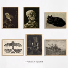 Conjunto de 6 carteles de lona para decorar habitaciones estilo Dark Academia - Decoración para el hogar gótica, Gato negro, cráneo, búho, mariposa, imágenes estéticas de Dark Academia, carteles espeluznantes de arte gótico, Arte de pared para decoración de habitaciones en negro, marcos impermeables sin marco - Idea de regalo ideal