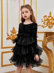 Tween Girl Long Sleeve Sequin Upper Layer Patchwork Cake Party Dress With Ruffled Hem - Black - View 4