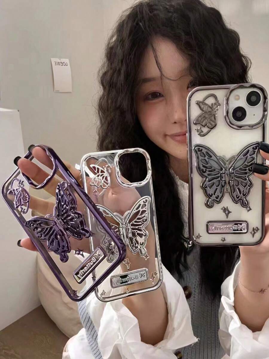 夏季 Y2k 蝴蝶立体秘密支撑创意手机壳 银色 适用于 防水防震防摔防刮 - 銀色 - 查看 1