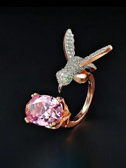 MOONSO 2024 New Luxury Pink Oval Hummingbird Designer Engagement Ring For Women Lady Anniversary Gift Jewelry Bulk Sell R8132