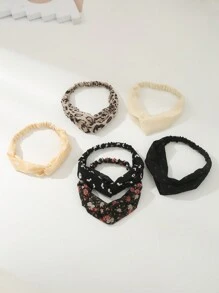 6pcs/Set Women's Hair Accessories Set, Including Leopard Print, Flower Pattern, Vintage Style Cross Hairband, Etc. Boho Headband Turban Headband Sweatband Fall Winter Hair Band For Vacation Outfits Woman Elegant Scarf Women Bandanas Soft Headwrap - Multicolor - View 4