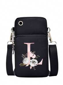 女士手机包，字母图案印花时尚迷你斜挎包，运动臂包和跑步腕包，迷你休闲斜挎手机包，带耳机孔和方便的配件，适合户外活动手机轻便时尚白领上班族大学工作商务通勤办公室周年纪念情侣生日礼物 - 黑色 - 查看 14