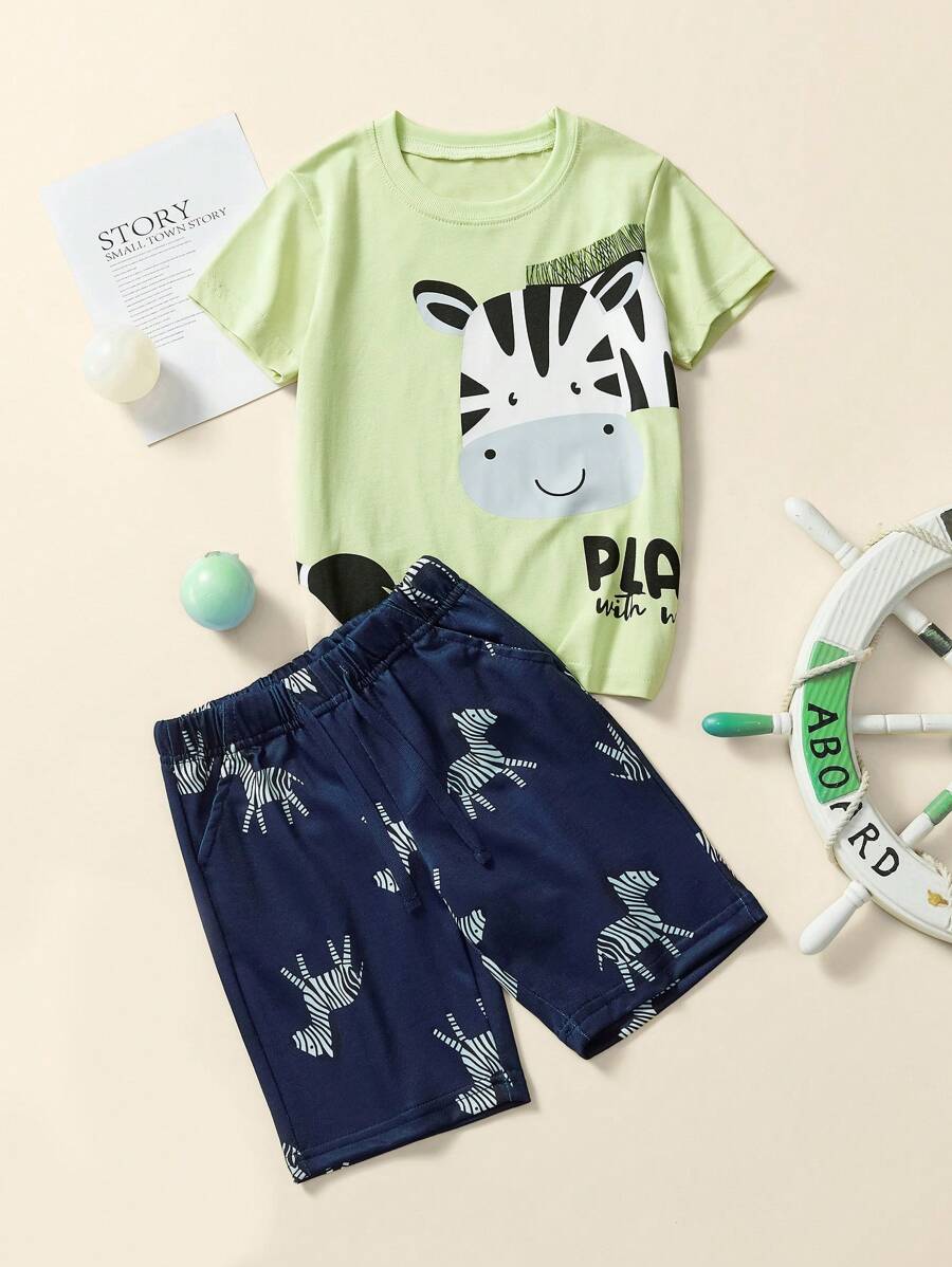 Young Boys' Lovely Zebra Printed Short Sleeve T-Shirt And Shorts Set, Summer Breathable Fashion - Mint Green - View 1