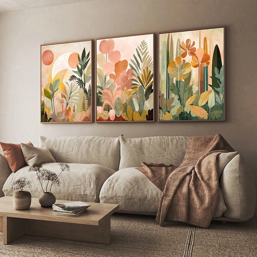 Bộ 3 bức tranh tường nghệ thuật rừng nhiệt đới trừu tượng Boho in vải canvas tranh màu đất áp phích trang trí thực vật cho phòng ngủ, phòng khách hoặc văn phòng không có khung - Nhiều màu - Xem 1