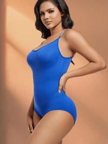 1 pieza Body sin mangas con cuello en V para mujer, control de abdomen y levantamiento de glúteos, alta elasticidad - Azul - Ver 3