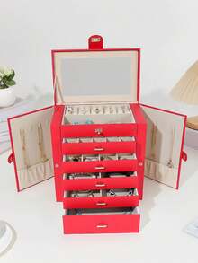 2024 Hàng mới đến Cao-kết thúc Hộp đồ trang sức Với Dung lượng lớn , Đa chức năng Thiết kế Đối với Hoa tai , Đồng hồ Đeo tay , , Và - Đỏ - Xem 1