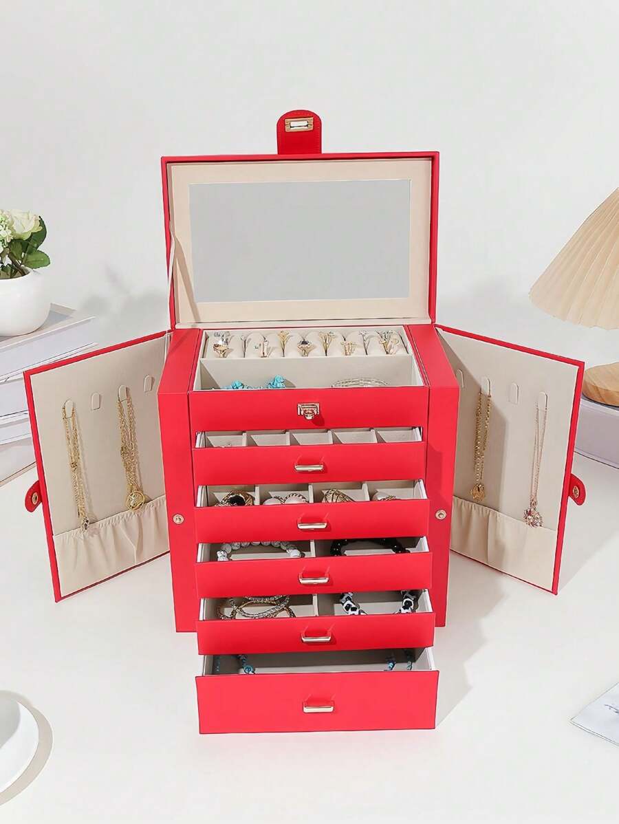 2024 Hàng mới đến Cao-kết thúc Hộp đồ trang sức Với Dung lượng lớn , Đa chức năng Thiết kế Đối với Hoa tai , Đồng hồ Đeo tay , , Và - Đỏ - Xem 1