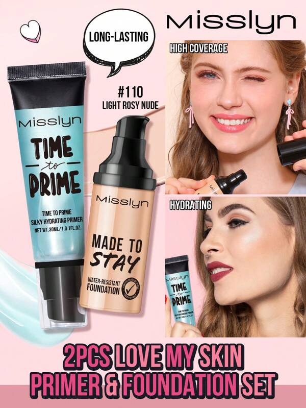 Misslyn 2 Pcs Love My Skin Primer & Foundation Set, Time To Prime Silky Hydrating Primer & Made To Stay Foundation, For All Skin Types, Perfecting & Smoothing, Skin Perfecting, Lightweight, Silky, Long Lasting, Hydrates, Water Resistance, High Coverage, Creamy Texture, Valentine's Day Gifts