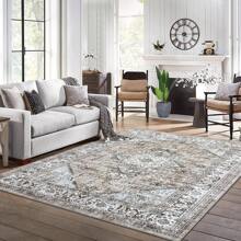 Boho Chic Washable Area Rug Washable Rug Vintage Soft Floral Distressed Print Carpet Non-Slip Non-Shedding Low-Pile Throw Thin Bedroom Rugs For Living Room Dining Room - Màu Khaki - Xem 2