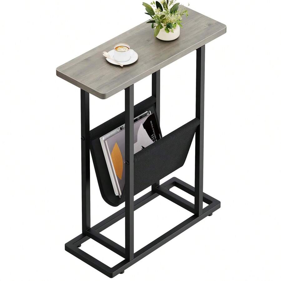 Small Narrow Side Table For Small Spaces, Slim End Table Magazine Table Nighstand With Storage Holder,Rectangular Couch Bedside Table For Living Room, Bedroom & Office - 灰色 - 查看 1