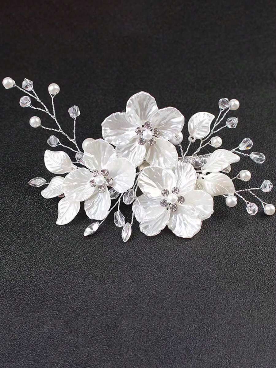1pc Girl's Natural Style Minimalist Hair Clip With Rhinestone & Small Flower For Teenagers - White - View 1