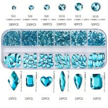 Bộ 12 lưới/Bộ đá giả trang trí móng tay 3D kiểu Y2K với nhiều hình dạng và màu sắc khác nhau, đá quý thủy tinh và bộ dụng cụ trang trí cho đồ thủ công tự làm, mặt, quần áo, đồ trang trí nghệ thuật làm móng, phụ kiện làm móng - Màu xanh lam - Xem 2