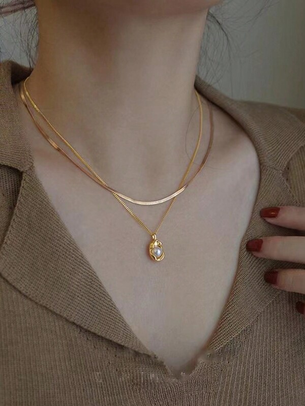 Conjunto De 2 Collares Pequeños Elegantes En Forma De Frijol Con Incrustaciones De Cuentas De Plástico Y Una Cadena De Acero Inoxidable Chapada En Oro De 18k, Se Pueden Usar Juntos O Por Separado, Adecuados Para Uso Diario De Mujeres