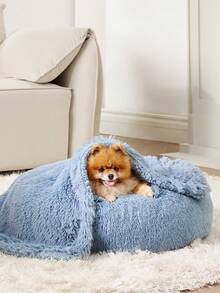 Waterproof Dog Blankets For Dogs - Calming Cat Blanket For Couch Protector Washable, Long Fau X Fur Pet Blanket For Puppy, Reversible Furniture Protection - 藍色 - 查看 2